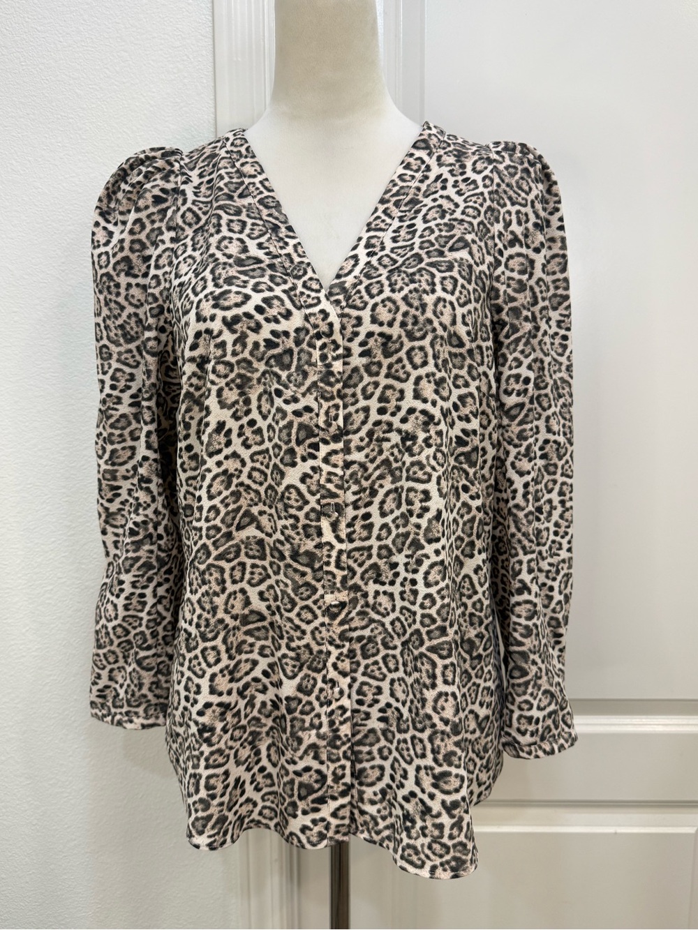 1. State Leopard Print Button Up V-Neck Blouse